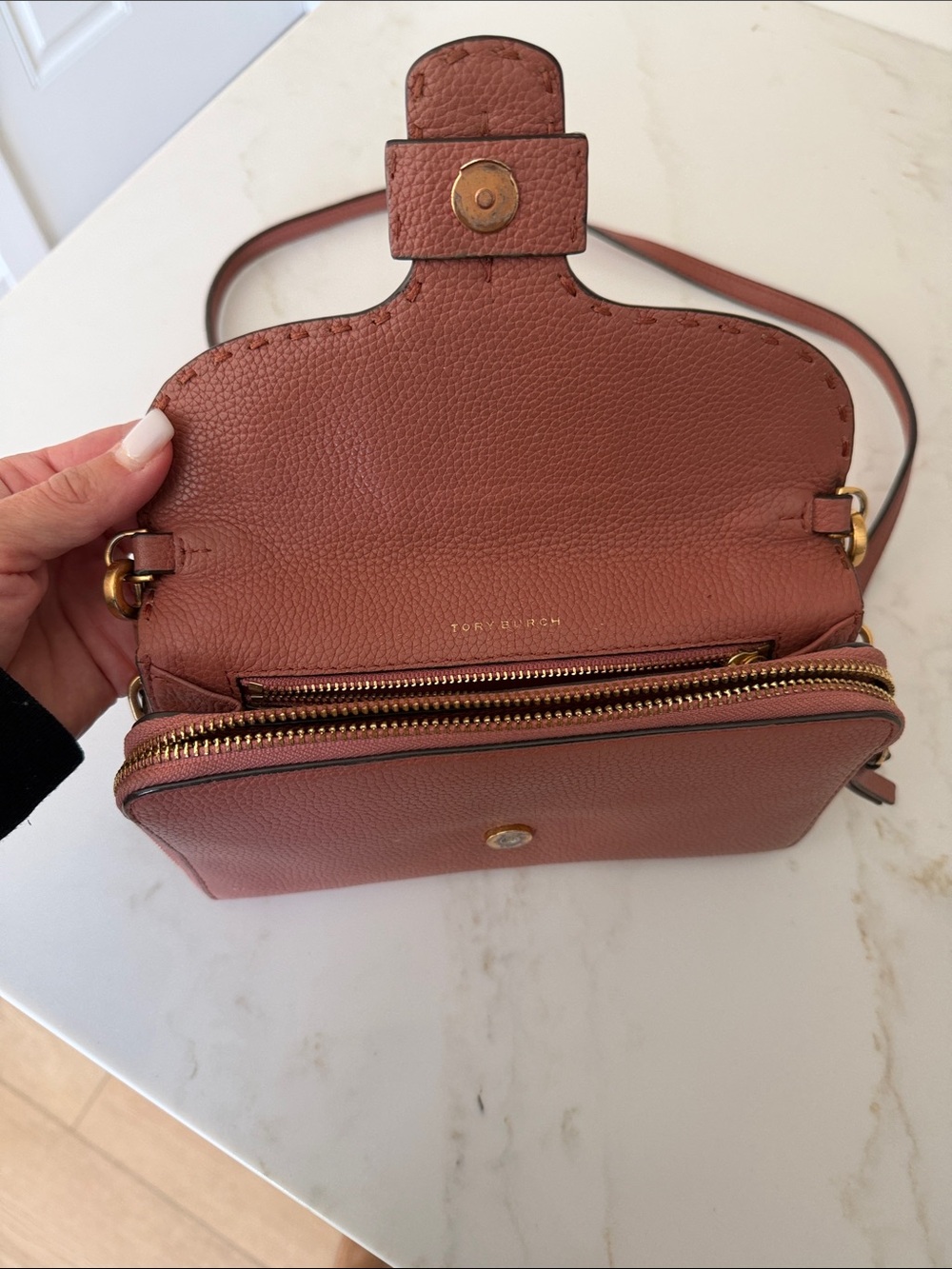 Tory Burch Small Leather Crossbody in Warm Chestnut - Picture 5 of 6